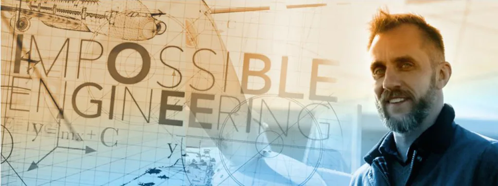 Dan Dickrell headshot incorporated into a blueprint-like design that states "impossible engineering" with a sketch of an airplane.