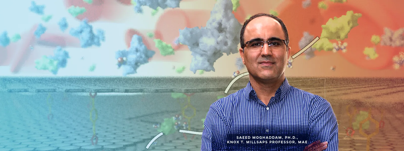 Dr. Saeed Moghaddam wearing a blue checkered shirt stands with arms crossed in front of a colorful scientific illustration. The background features abstract molecular structures, particles, and gradient tones shifting from blue to orange. Text near the bottom identifies the individual’s title and affiliation: “Saeed Moghaddam, Ph.D., Knox T. Millsaps Professor, MAE.”