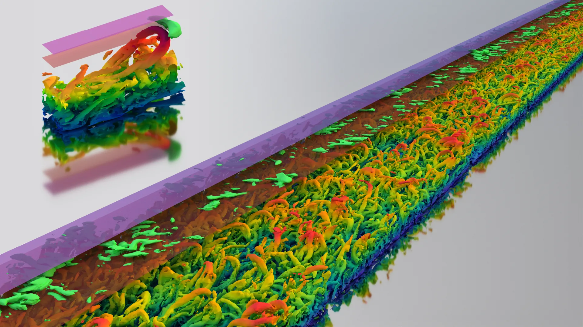 A visualization showing three layered sections of an soft computational tissue construct (SCTC), with a multicolored turbulent flow layer sandwiched between two translucent surfaces.