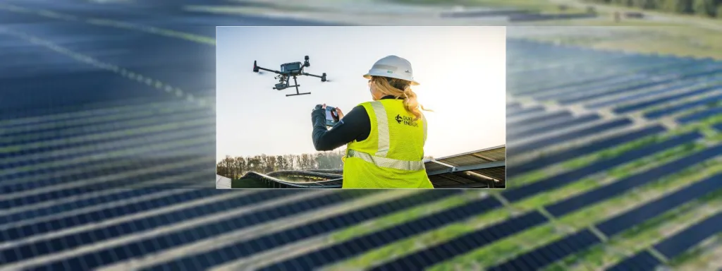 Individual operating a drone, wearing construction garb with the logo of "Duke Energy" on her back.