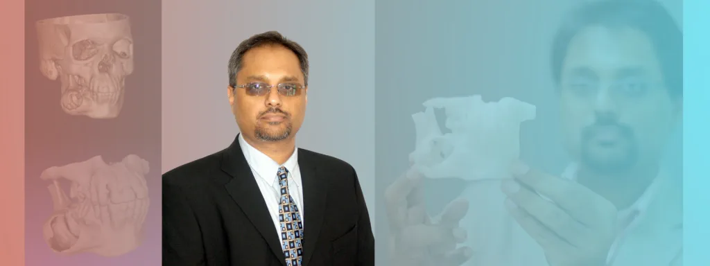 Banner featuring a portrait of Dr. Umesh Persad; the background images from left to right are: a computer-generated model of a human skull with the upper cranium cut and removed, with a close-up model of the upper teeth and jaw; Persad holding a plastic model of human upper teeth and jaw.