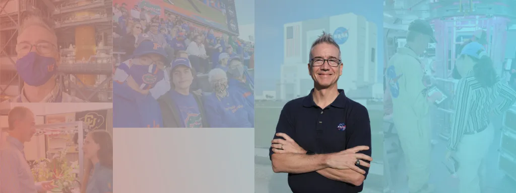 Banner featuring portrait of MAE Alum Tracy Gill over a collage of personal photos, starting top left and going clockwise: Gill posing in a NASA facility with a blue UF face mask on; Gill posing with his family at a Gators game, all dressed in UF merch; the NASA Kennedy Space Center; Gill working on a design with a colleague in a NASA lab.