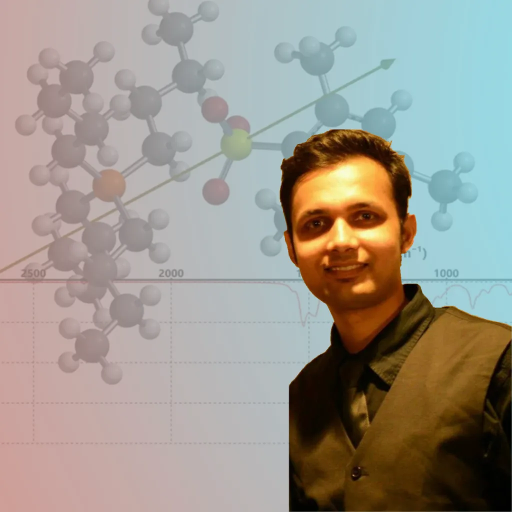 Portrait of Sidharth Sanadhya in front of a graphic from his paper on predicting phase separation behavior in multicomponent solutions