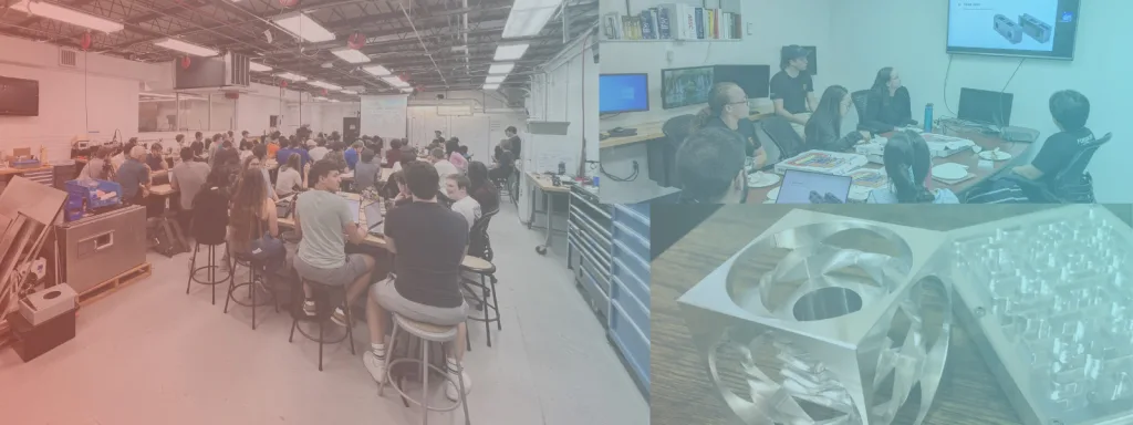 Collage of images from Design & Mechanics teaching laboratory. from left to right: students in the classroom discussing; students the TA room looking at a presentation; a machined "infinity cube" made of aluminum.