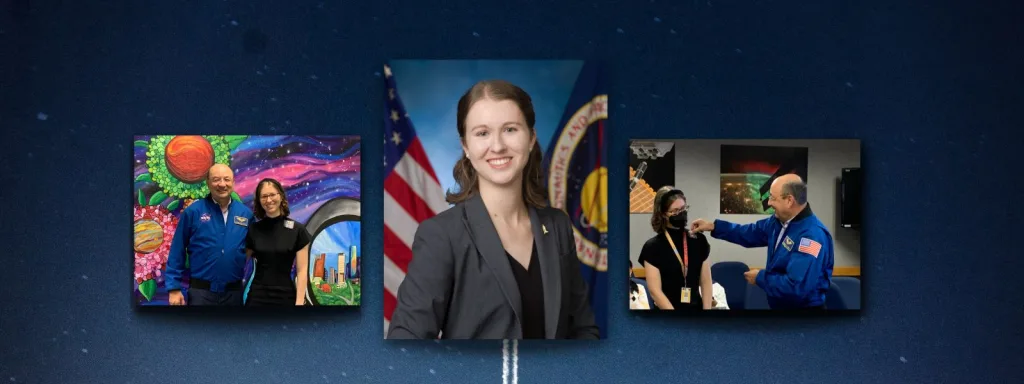 Banner featuring portrait of MAE alum Erin Winick Anthony in the center, photo with her and her mentor to either side; on the left, they are smiling next to each other, and to the right her mentor is bestowing an award upon her.
