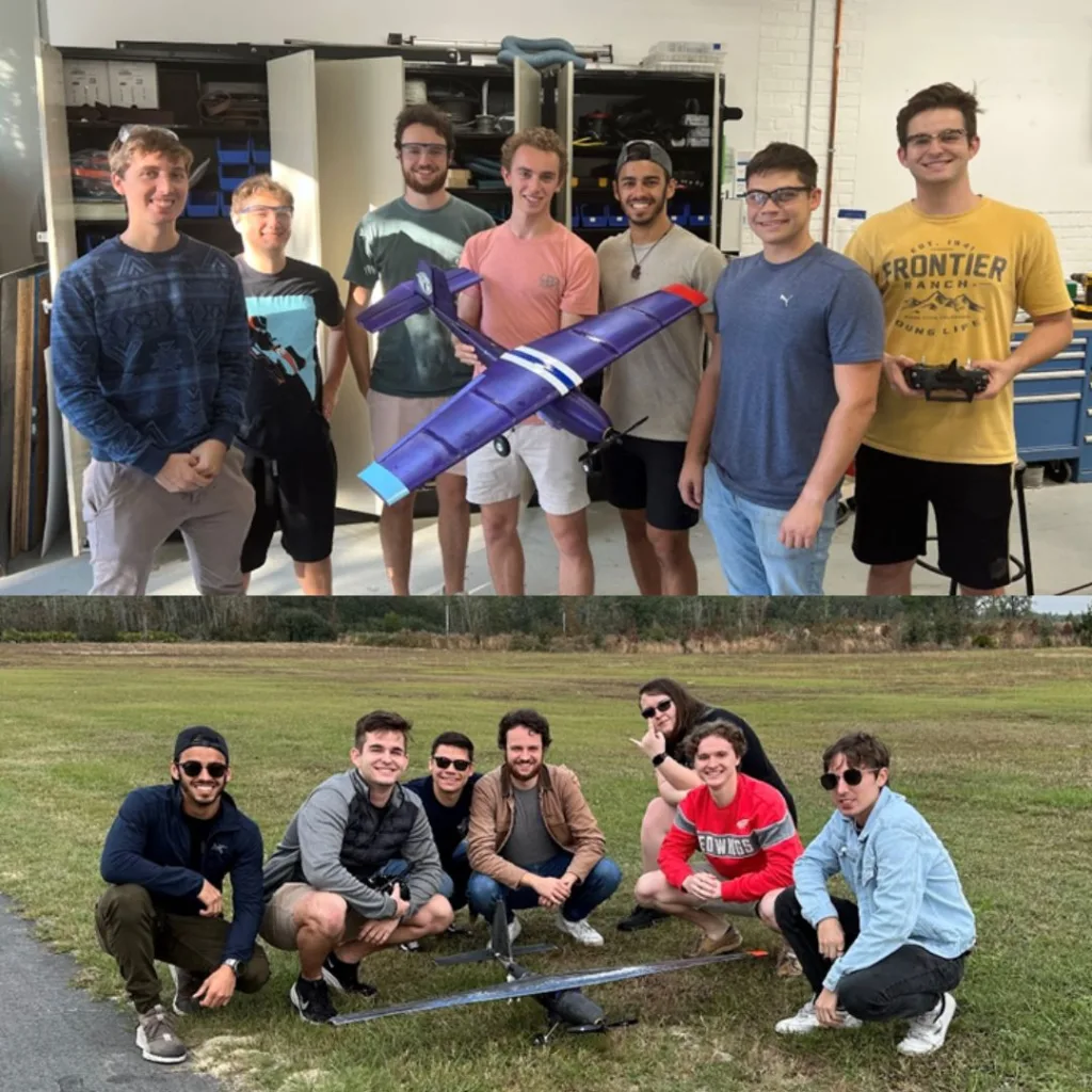 Aerospace engineering capstone student teams posing with their aircraft.