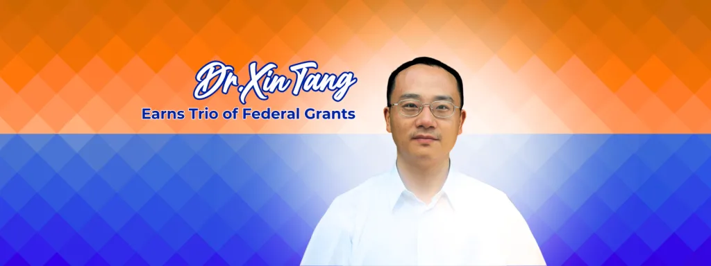 Headshot of Xin Tang in front of an orange and blue background