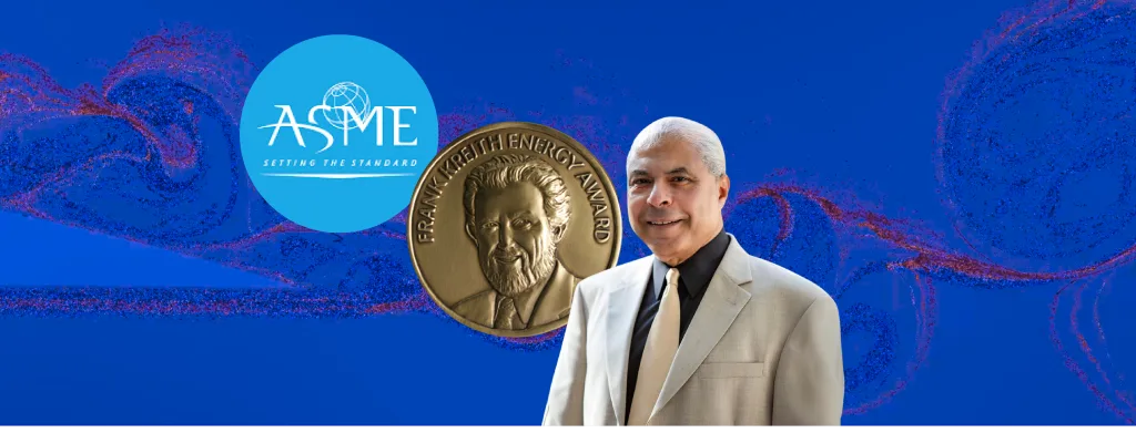 Professor Sherif headshot next to the Frank Kreith Energy Award