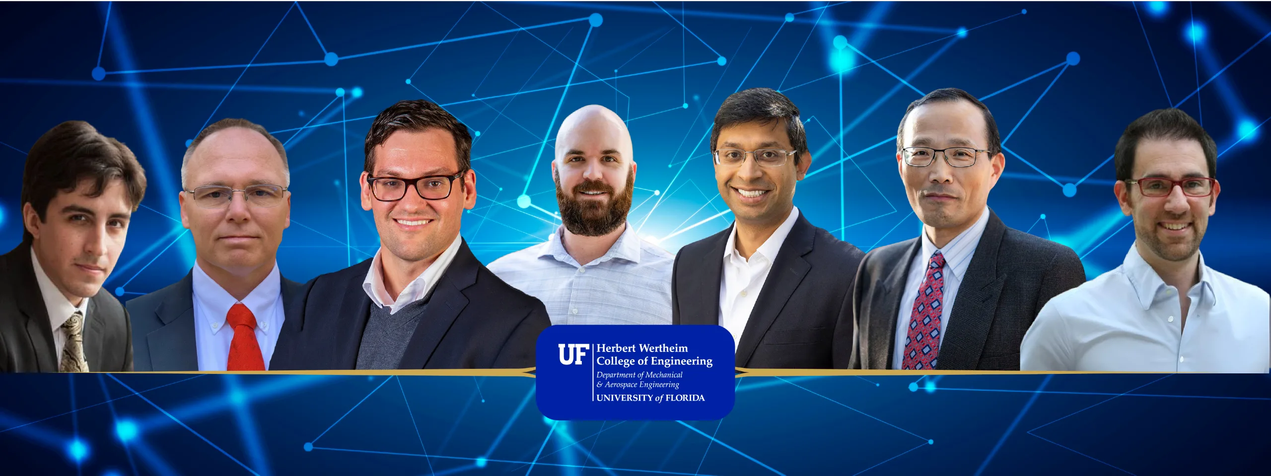 Headshots of 7 professors in front of a blue background