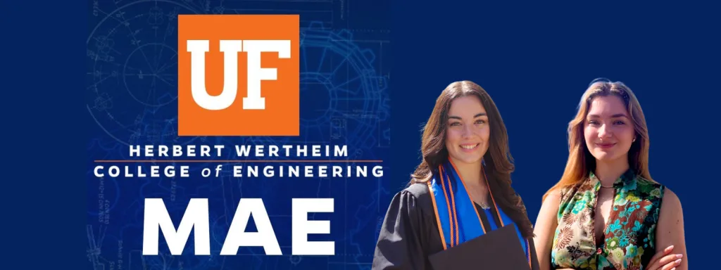 Two students pose in front of the MAE logo
