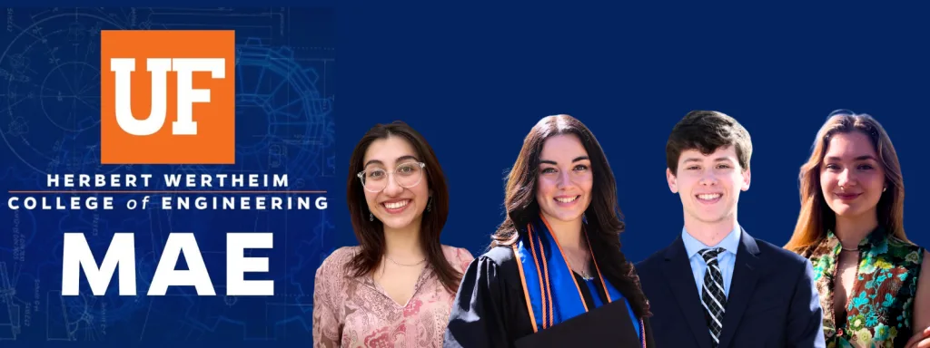 Four students posing next to the MAE logo