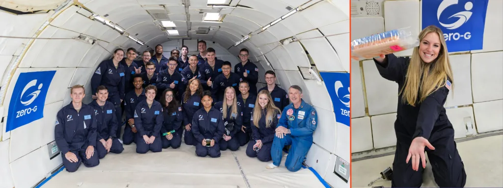Group photo inside a zero-gravity unit and Hannah Roberts doing the Gator Chomp.