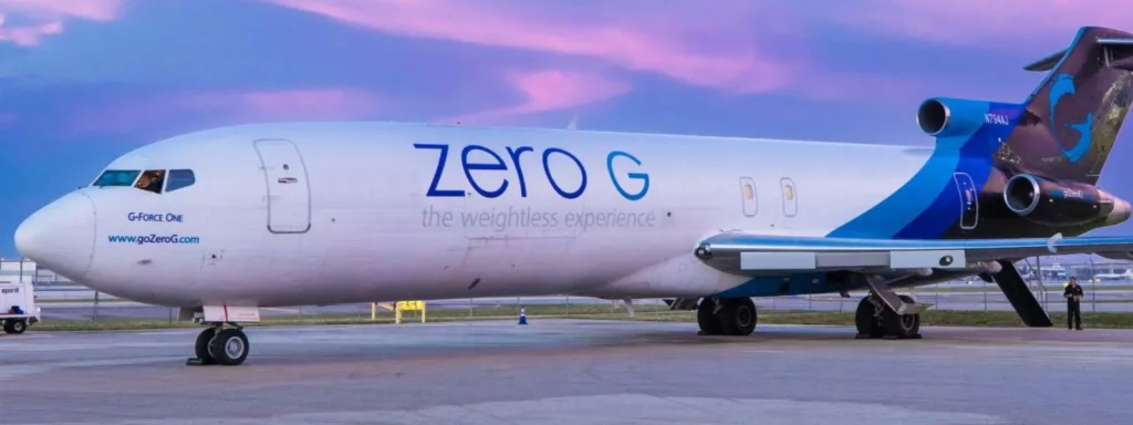Large airplane labeled “Zero G – The Weightless Experience.”