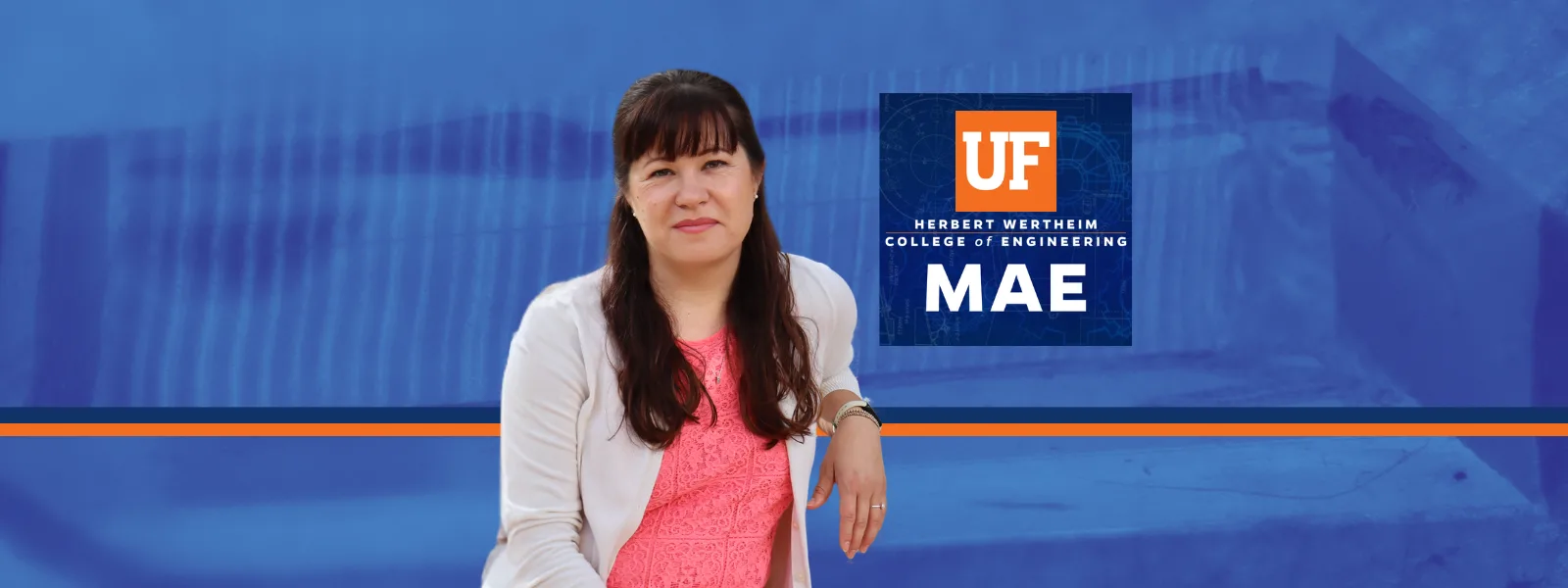 Orange and blue UF herbert wertheim college of engineering MAE banner with hydrogel background and headshot of Alison Dunn, Ph.D.