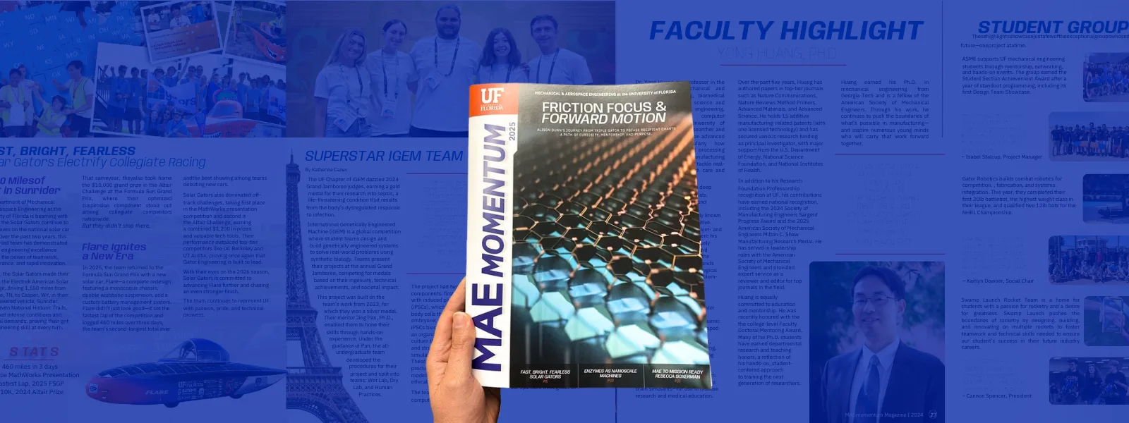 Blue banner with image of hand holding MAE Momentum Magazine