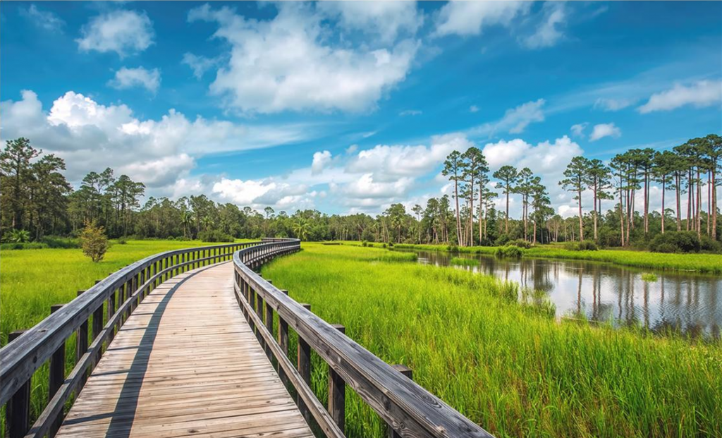 A marsh landscape with a bridge