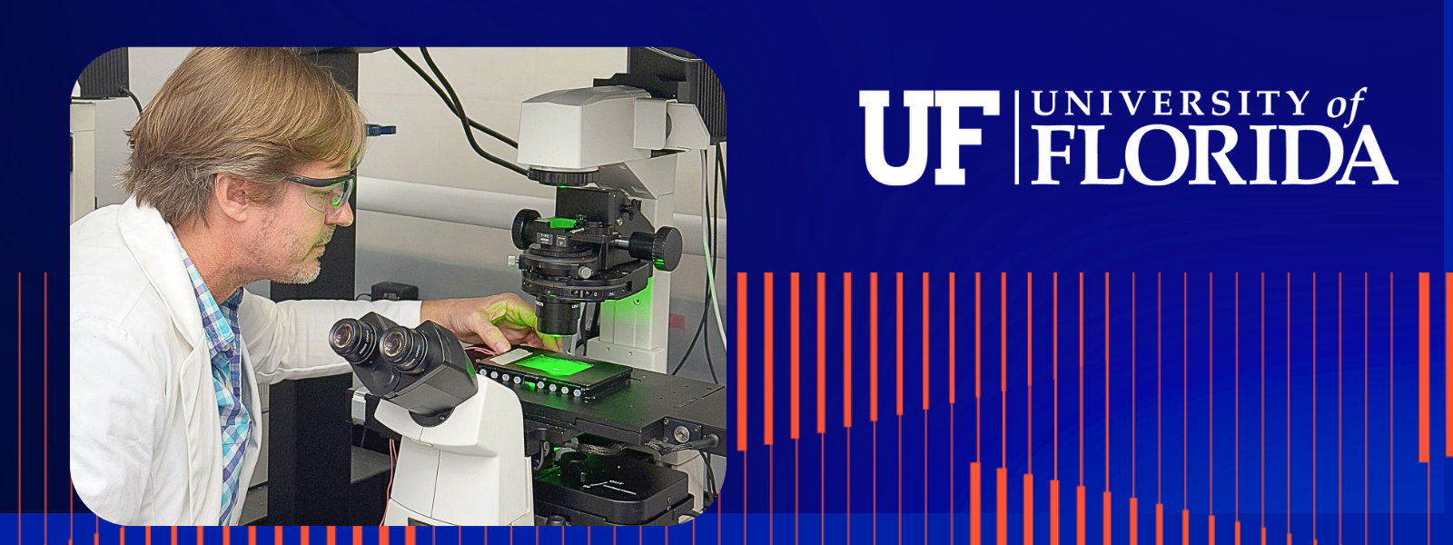 Orange and blue University of Florida banner with image of Tommy Angelini using lab equipment.