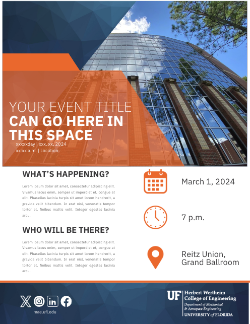 a mock up flyer image featuring mock text, the UF MAE official logo, abstract shapes, and an image of the New Engineering Building