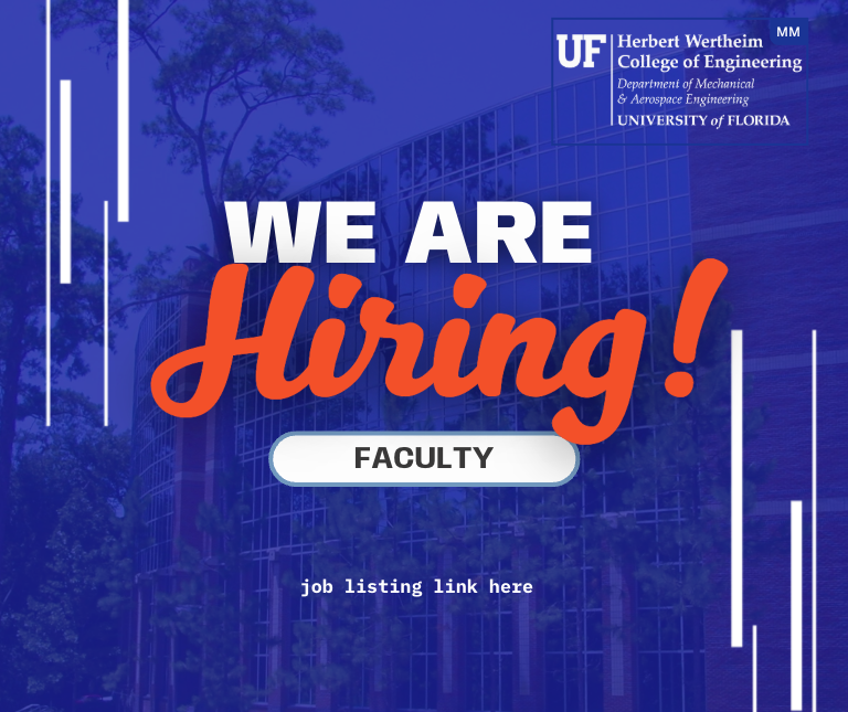 We are hiring image blue with momentum lines and low opacity background image of New Engineering Building, with UF MAE official logo