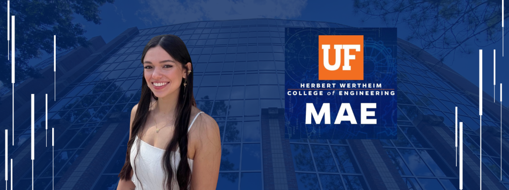 Blue tinted image of New Engineering Building, white momentum lines, a UF MAE square logo, and headshot of Stephanie Wells smiling.