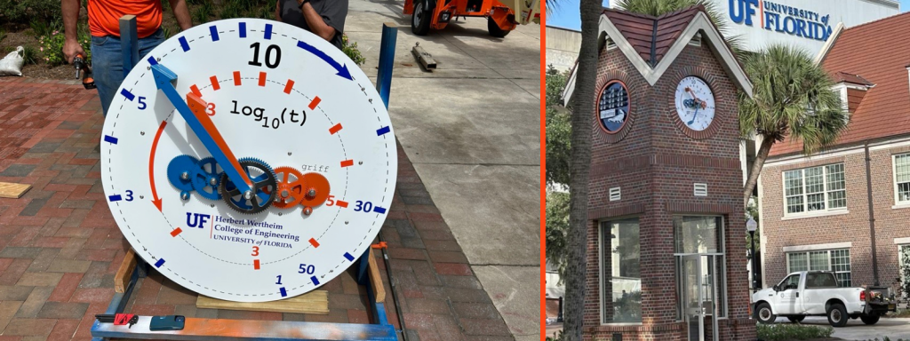 Image of Weil Hall clock tower after installation of new clock faces and log10 clock face before installation.