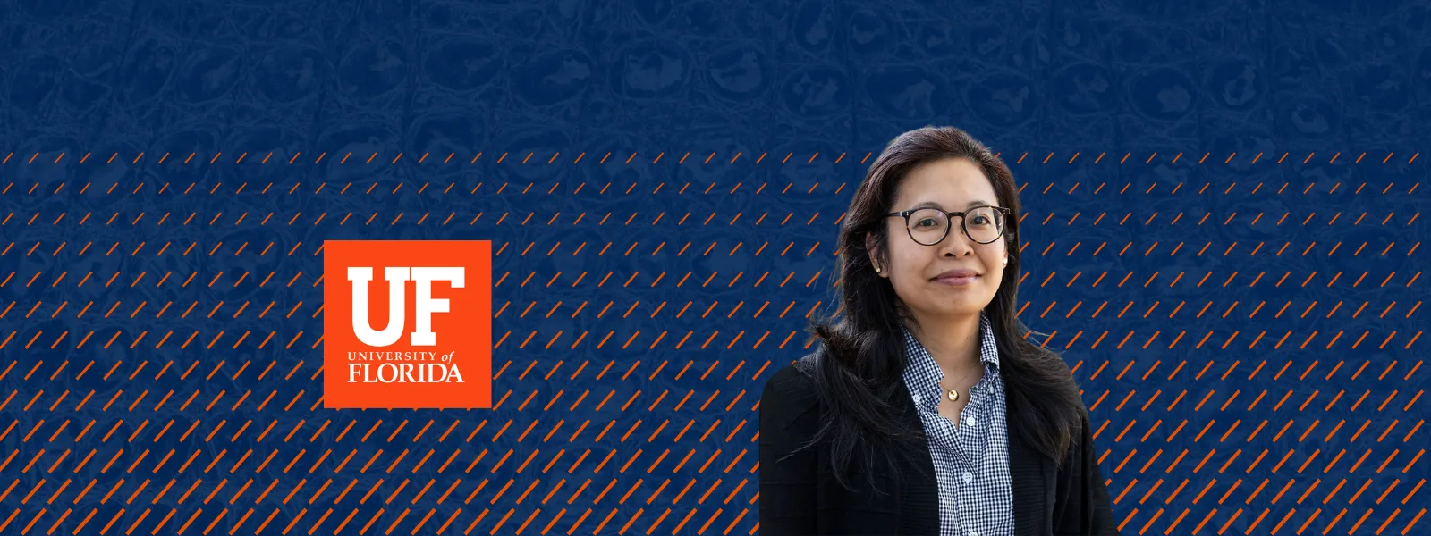 Orange and blue graphic banner with UF logo and Sarntinoranont headshot.