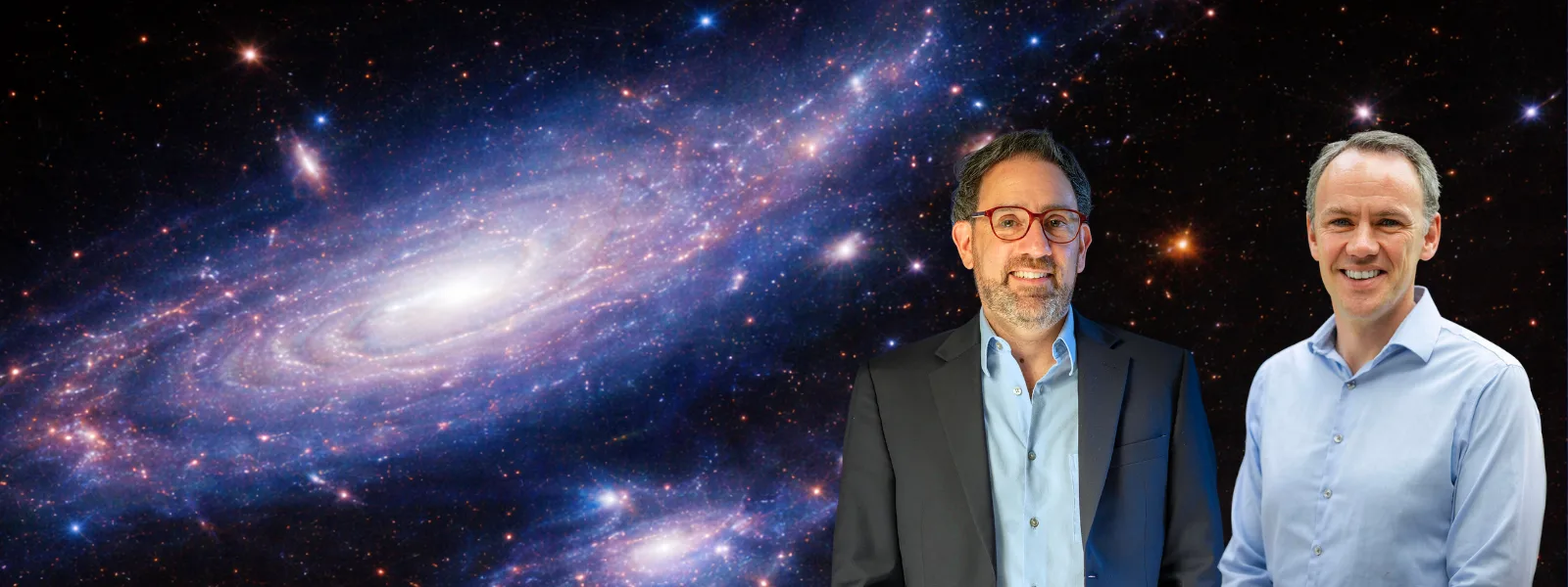 Portraits of University of Florida mechanical and aerospace engineering faculty members John Conklin and Peter Wass against a galaxy-themed background.