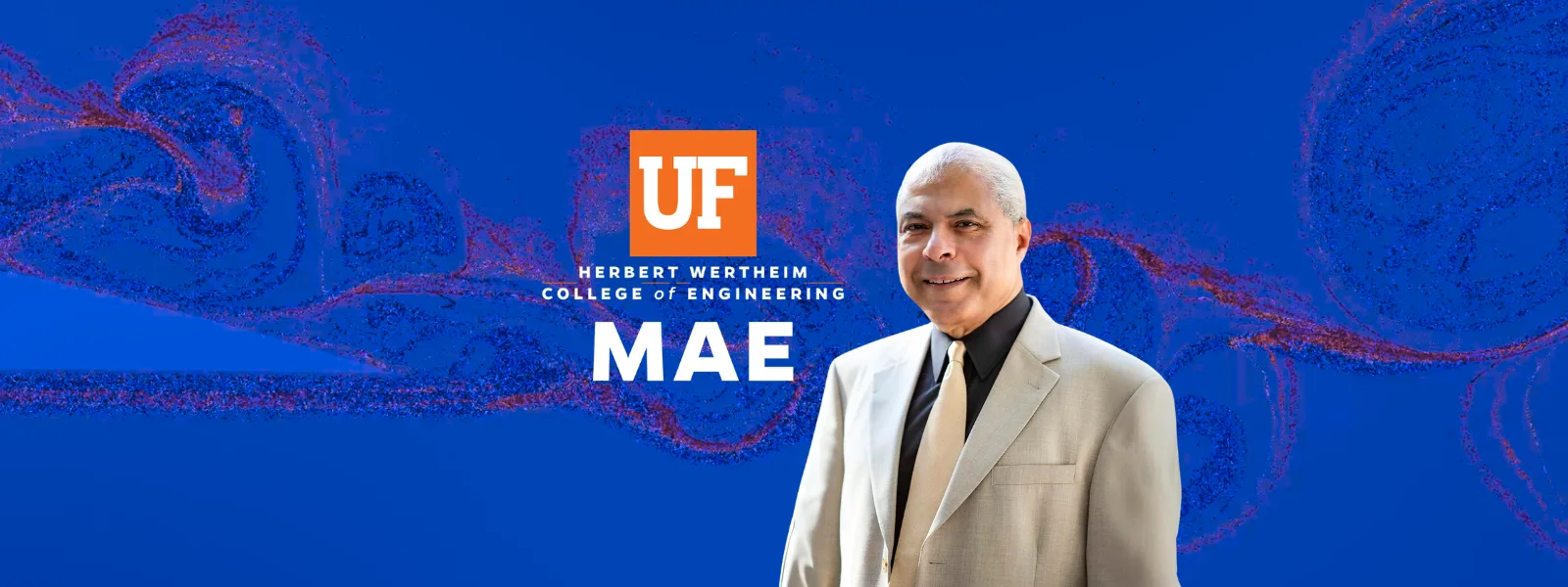 headshot of SA Sherif smiling incorporated into a bright blue design featuring a fluid‑dynamics–style swirl pattern in red and blue. At the center-left of the image is the University of Florida’s orange-and-white “UF” logo above the text “Herbert Wertheim College of Engineering” and large white letters reading “MAE.”