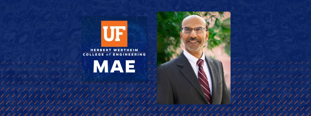 Ghatu Subash Headshot next to UF MAE logo on blue gator skin pattern background.