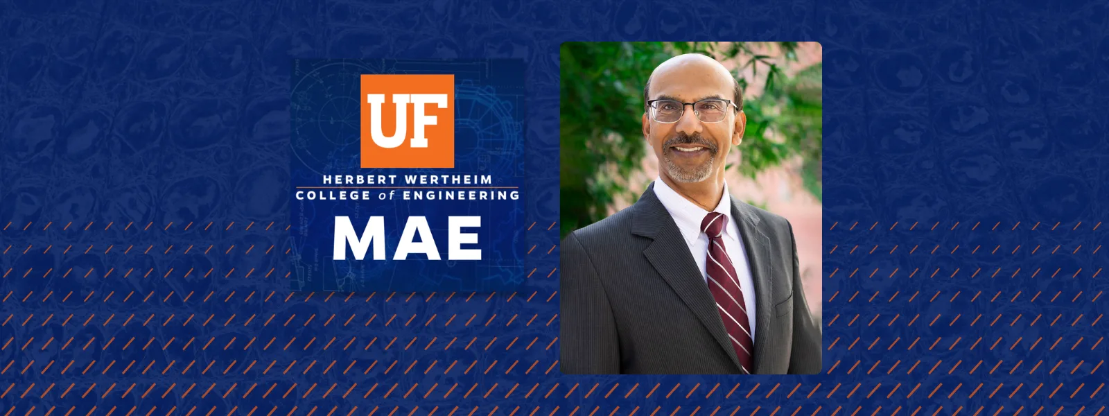 Ghatu Subash Headshot next to UF MAE logo on blue gator skin pattern background.