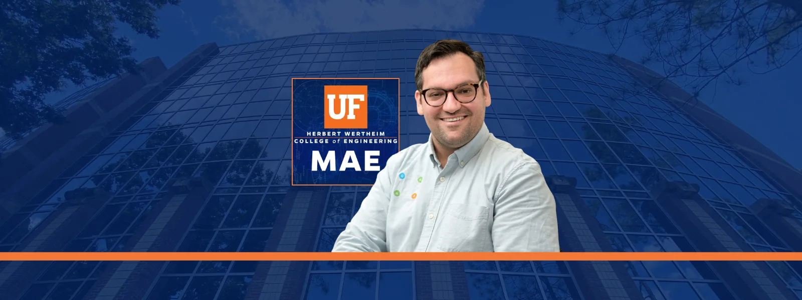 James Fairbanks headshot incorporated into navy blue banner with UF MAE logo.
