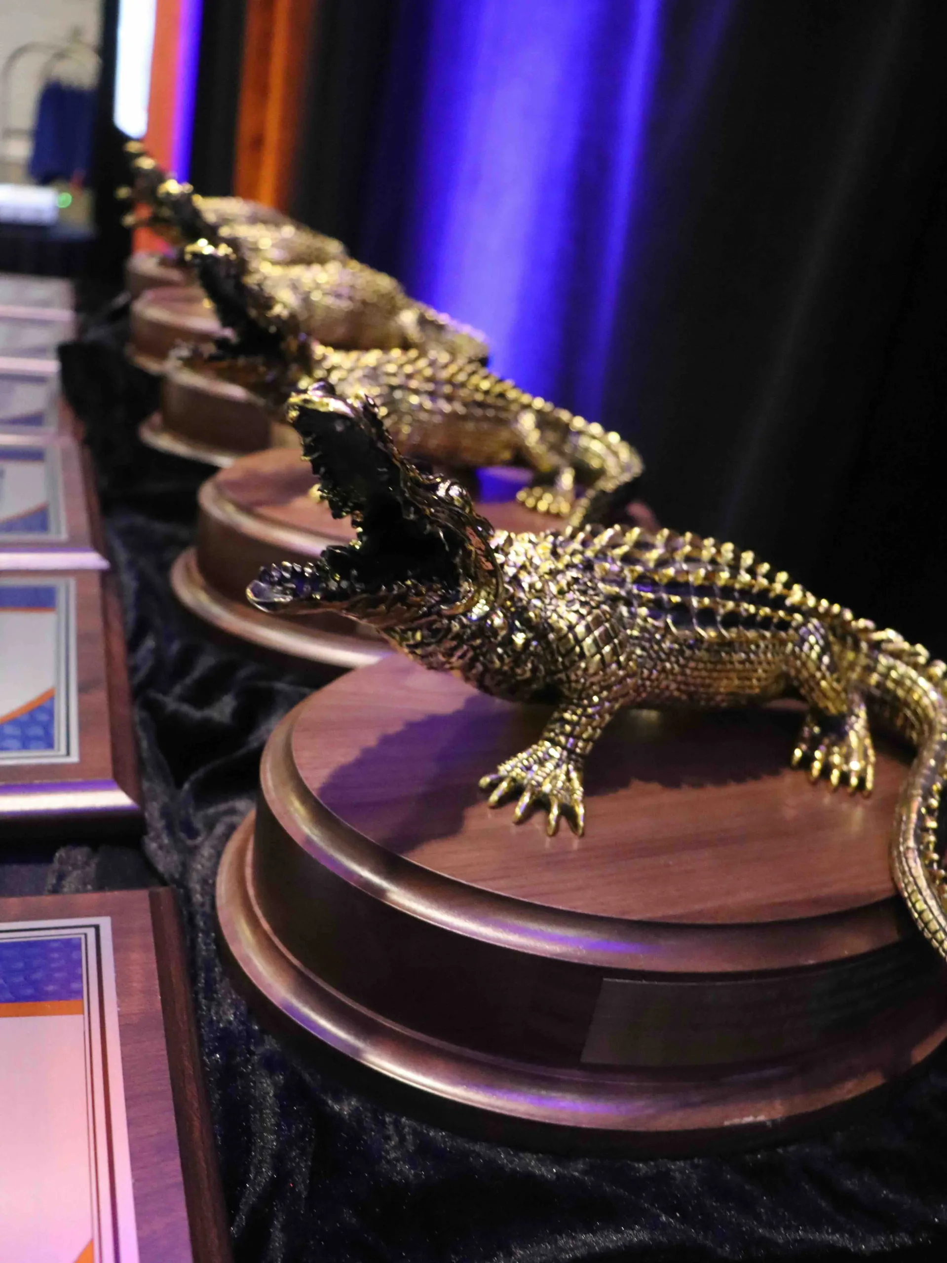Gold gator statues/awards on wooden base.