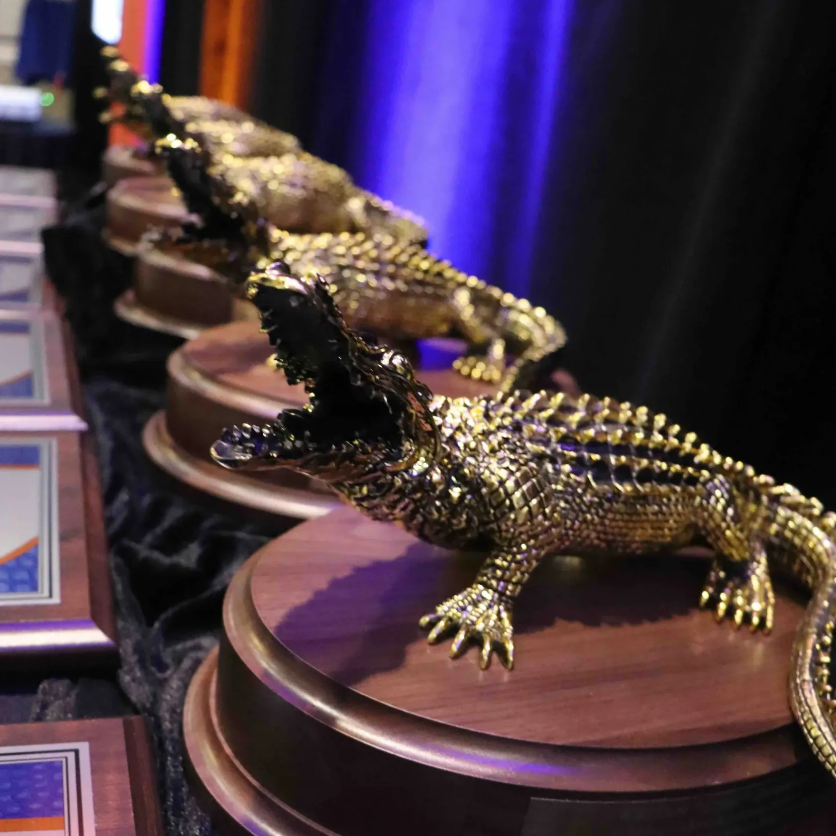 Gold gator statues/awards on wooden base.