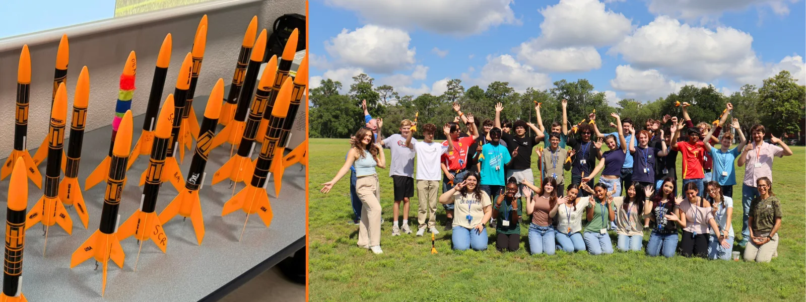 Split banner showing model rockets on display and a group of students celebrating outdoors on a grassy field during a rocketry program.