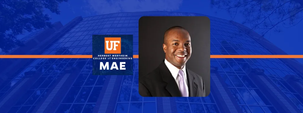 Banner that features a monotone blue image of the "NEB" building at UF, with the UFMAE logo and a headshot of Curtis Taylor incorporated into the design.