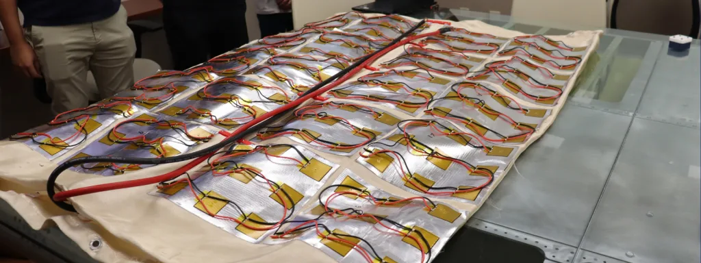 MAE Capstone students' vehicle thermal decoy shrouds on a table for a close up view